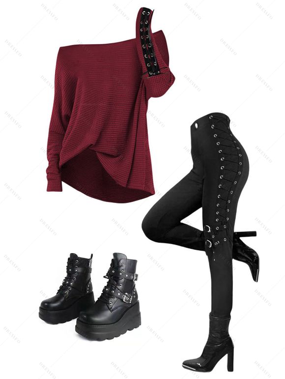Women Outfit Textured Skew Neck Top Grommet Leggings and Buckle Boots Set - Rouge Vineux S | US 4