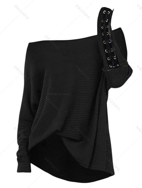 Women Outfit Textured Skew Neck Top Grommet Leggings and Buckle Boots Set - Noir S | US 4