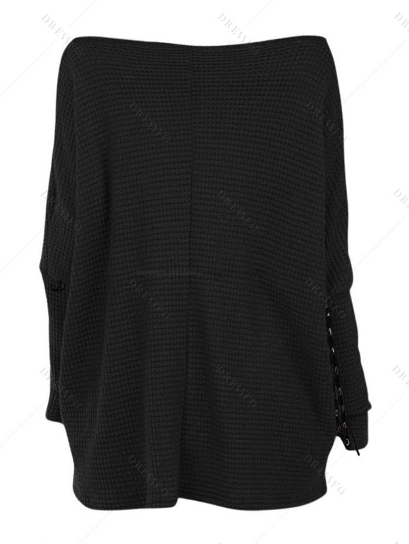 Women Outfit Textured Skew Neck Top Grommet Leggings and Buckle Boots Set - Noir S | US 4