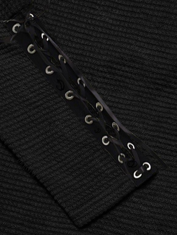 Women Outfit Textured Skew Neck Top Grommet Leggings and Buckle Boots Set - Noir S | US 4