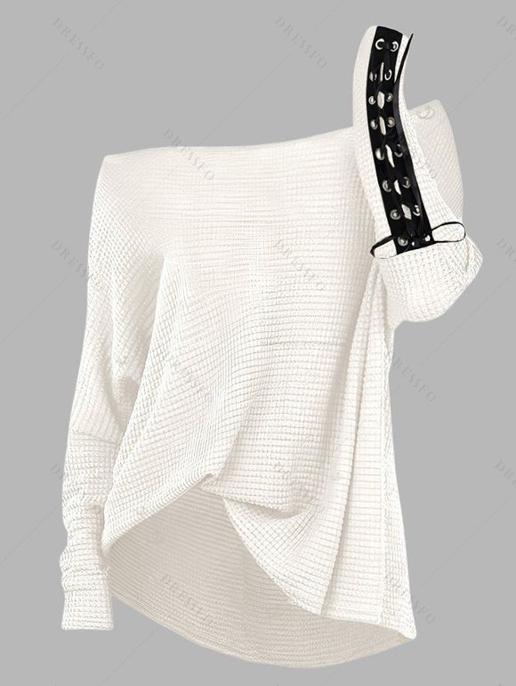 Women Outfit Textured Skew Neck Top Grommet Leggings and Buckle Boots Set - Blanc S | US 4
