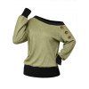 Casual Sweatshirt Colorblock Mock Button Ribbed Off the Shoulder Sweatshirt - Olive Verte M | US 6