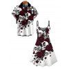 Gothic Couple Outfit Skulls Rose Floral Print Spaghetti Strap Mini Dress and Shirt Set - Blanc S | US 4