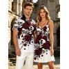 Gothic Couple Outfit Skulls Rose Floral Print Spaghetti Strap Mini Dress and Shirt Set - Blanc S | US 4