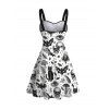 Gothic Couple Outfit Skulls Bat Black Cat Print Ruched Bust Mini Dress and Shirt Halloween Set - Blanc S | US 4