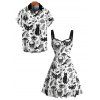 Gothic Couple Outfit Skulls Bat Black Cat Print Ruched Bust Mini Dress and Shirt Halloween Set - Blanc S | US 4
