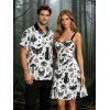 Gothic Couple Outfit Skulls Bat Black Cat Print Ruched Bust Mini Dress and Shirt Halloween Set - Blanc S | US 4