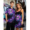 Vacation Couple Outfit Psychedelic Cosmic Sun‑Skull Starry Sky Print Ruched Bust Mini Dress and Shirt Set - Noir S | US 4