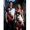 Gothic Couple Outfit Contrast Color Galaxy Rose Floral Skulls Print Ruched Bust Mini Dress and Shirt Set - Rouge foncé S | US 4