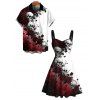 Gothic Couple Outfit Contrast Color Galaxy Rose Floral Skulls Print Ruched Bust Mini Dress and Shirt Set - Rouge foncé S | US 4