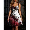 Gothic Couple Outfit Contrast Color Galaxy Rose Floral Skulls Print Ruched Bust Mini Dress and Shirt Set - Rouge foncé S | US 4