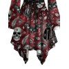Gothic Couple Outfit Bat Skulls Mushroom Galaxy Print Ruffle Off the Shoulder Bell Sleeve Lace Up Belt Handkerchief Dress and Shirt Set - Rouge foncé S | US 4