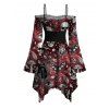 Gothic Couple Outfit Bat Skulls Mushroom Galaxy Print Ruffle Off the Shoulder Bell Sleeve Lace Up Belt Handkerchief Dress and Shirt Set - Rouge foncé S | US 4