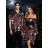 Gothic Couple Outfit Bat Skulls Mushroom Galaxy Print Ruffle Off the Shoulder Bell Sleeve Lace Up Belt Handkerchief Dress and Shirt Set - Rouge foncé S | US 4