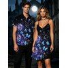 Vacation Couple Outfit Celestial Sun Moon Floral Butterfly Print Spaghetti Strap Mini Dress and Shirt Set - Noir S | US 4