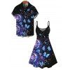 Vacation Couple Outfit Celestial Sun Moon Floral Butterfly Print Spaghetti Strap Mini Dress and Shirt Set - Noir S | US 4