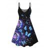 Vacation Dress Celestial Sun Moon Floral Butterfly Print Spaghetti Strap Mini Dress - Noir S | US 4