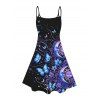 Vacation Dress Celestial Sun Moon Floral Butterfly Print Spaghetti Strap Mini Dress - Noir S | US 4