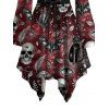 Gothic Dress Bat Skulls Mushroom Galaxy Print Ruffle Off the Shoulder Bell Sleeve Lace Up Belt Handkerchief Dress - Rouge foncé S | US 4
