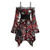 Gothic Dress Bat Skulls Mushroom Galaxy Print Ruffle Off the Shoulder Bell Sleeve Lace Up Belt Handkerchief Dress - Rouge foncé S | US 4