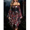 Gothic Dress Bat Skulls Mushroom Galaxy Print Ruffle Off the Shoulder Bell Sleeve Lace Up Belt Handkerchief Dress - Rouge foncé S | US 4
