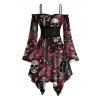 Gothic Dress Bat Skulls Mushroom Galaxy Print Ruffle Off the Shoulder Bell Sleeve Lace Up Belt Handkerchief Dress - Rouge foncé S | US 4