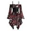 Gothic Dress Bat Skulls Mushroom Galaxy Print Ruffle Off the Shoulder Bell Sleeve Lace Up Belt Handkerchief Dress - Rouge foncé S | US 4