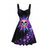 Vacation Dress Psychedelic Cosmic Sun‑Skull Starry Sky Print Ruched Bust Mini Dress - Noir S | US 4