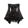 Gothic Couple Outfit Vintage Mystical Celestial Moon Star Print Off the Shoulder Bell Sleeve Dress and Shirt Set - Noir S | US 4