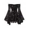 Gothic Couple Outfit Vintage Mystical Celestial Moon Star Print Off the Shoulder Bell Sleeve Dress and Shirt Set - Noir S | US 4