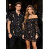 Gothic Couple Outfit Vintage Mystical Celestial Moon Star Print Off the Shoulder Bell Sleeve Dress and Shirt Set - Noir S | US 4