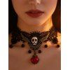 Halloween Gothic Black Lace Skull & Red Rose Pendant Choker Necklace - Noir 