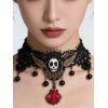 Halloween Gothic Black Lace Skull & Red Rose Pendant Choker Necklace - Noir 