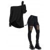 Women Gothic Outfit Textured Skew Neck Top and Grommet Hollow Out Pants Set - Noir S | US 4