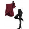 Women Outfit Skew Neck Textured Solid Color Top and Grommet Lace Up Leggings Set - Rouge foncé S | US 4