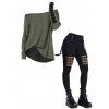 Women Gothic Outfit Textured Skew Neck Top and Grommet Hollow Out Pants Set - Vert S | US 4