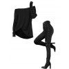 Women Outfit Skew Neck Textured Solid Color Top and Grommet Lace Up Leggings Set - Noir S | US 4