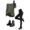 Women Outfit Textured Skew Neck Top Grommet Leggings and Buckle Boots Set - Vert Armée S | US 4