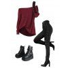 Women Outfit Textured Skew Neck Top Grommet Leggings and Buckle Boots Set - Rouge Vineux S | US 4