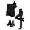 Women Outfit Textured Skew Neck Top Grommet Leggings and Buckle Boots Set - Noir S | US 4