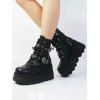 Women Outfit Textured Skew Neck Top Grommet Leggings and Buckle Boots Set - Noir S | US 4