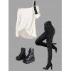Women Outfit Textured Skew Neck Top Grommet Leggings and Buckle Boots Set - Blanc S | US 4