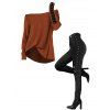 Women Outfit Skew Neck Textured Solid Color Top and Grommet Lace Up Leggings Set - Couleur Caramel S | US 4