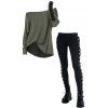 Gothic Women Outfit Solid Color Textured Skew Neck Top and Lace Up Leggings Set - ARMY GREEN S | US 4