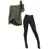 Women Outfit Solid Color Textured Skew Neck Top and Rivet O Ring Leggings Set - Vert S | US 4