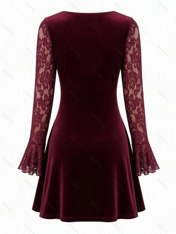 Party Dress Velvet Lace Panel Tied Ruched Bell Sleeve Mini Prom Dress - Rouge Vineux M | US 6