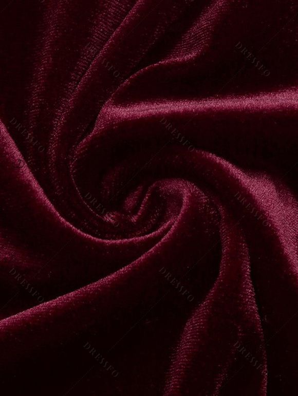 Party Dress Velvet Lace Panel Tied Ruched Bell Sleeve Mini Prom Dress - Rouge Vineux M | US 6