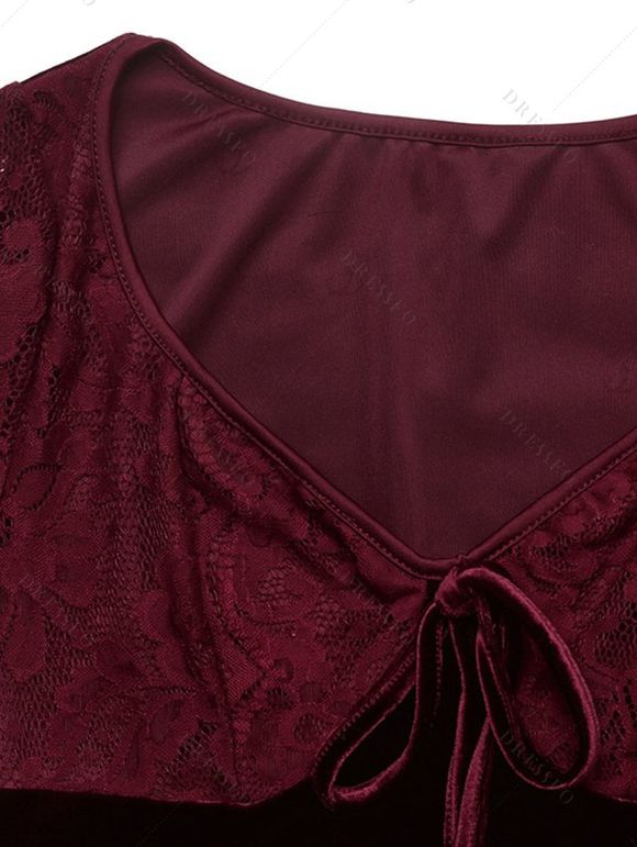 Party Dress Velvet Lace Panel Tied Ruched Bell Sleeve Mini Prom Dress - Rouge Vineux M | US 6