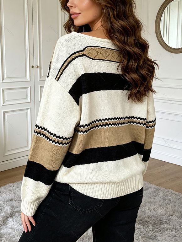 Skew Neck Sweater Colorblock Striped Geometric Hollow Out Long Sleeve Pullover Sweater - multicolor S | US 4