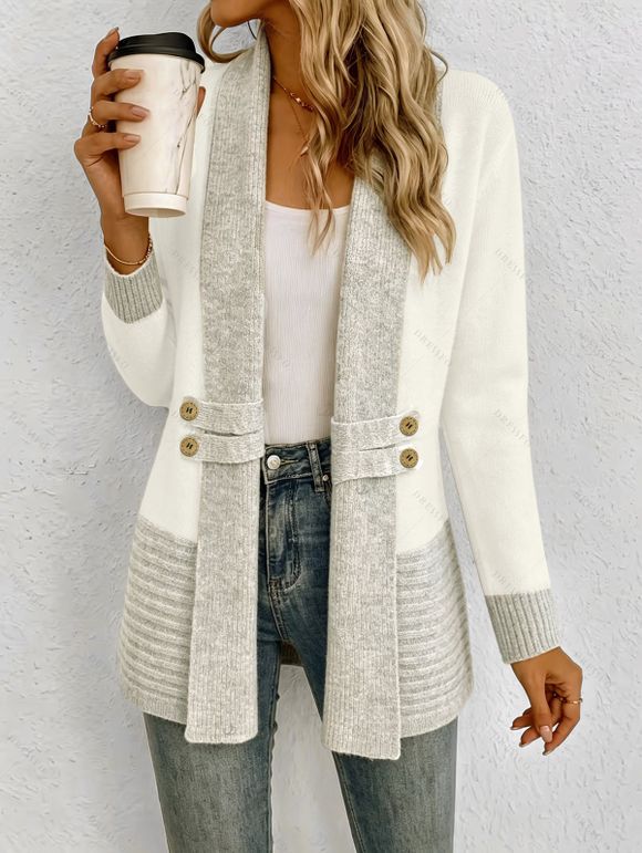 Casual Cardigan Open Front Colorblock Shawl‑Collar with Decorative Double‑Breasted Buttons Long Sleeve Sweater - Abricot M | US 6
